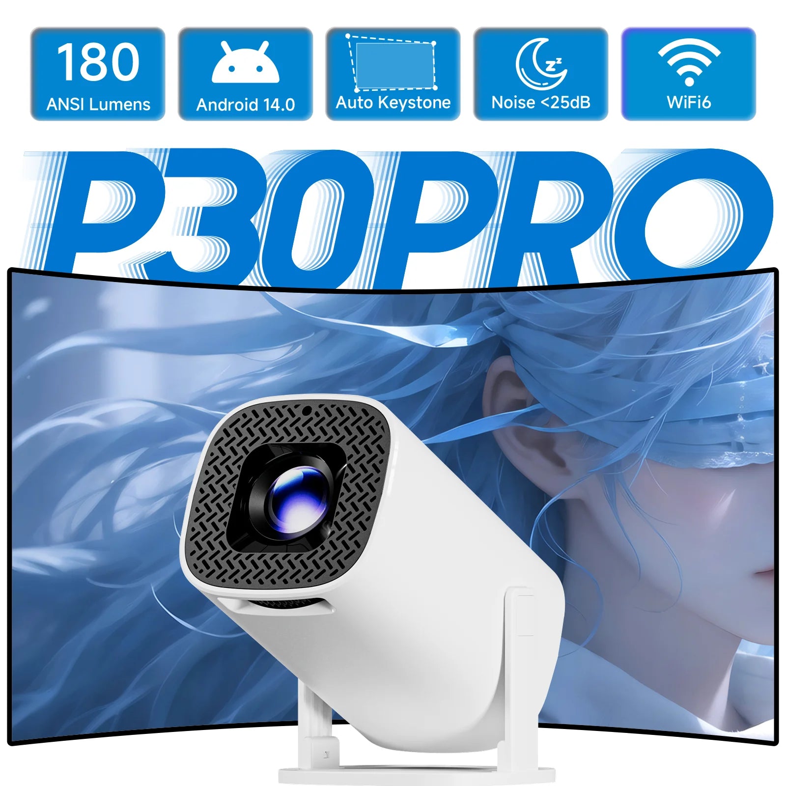 P30PRO Android 14 Smart Mini Projector 4K HD Video WiFi 6 Native 720p Screen Mirroring Home Theater Outdoor Portable Projector