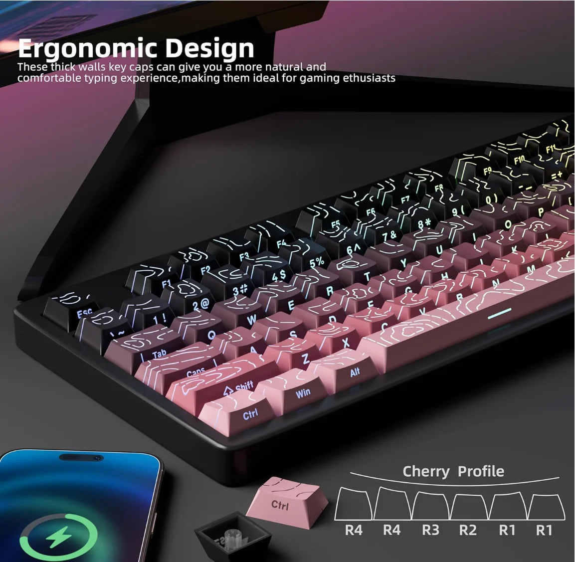 135 Keys Contour Lines PBT Double Shot Keycap Translucent side keycap Cherry Profile for MX Magnetic Switch/Mechanical Keyboard